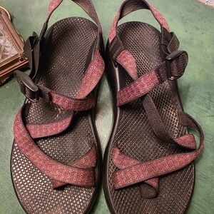 Chaco Men's Sandals with Red Patterned Straps and Black Footbed
